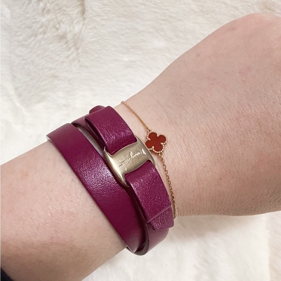 Salvatore Ferragamo Vara Bow Leather Gold Tone Double Wrap Bracelet